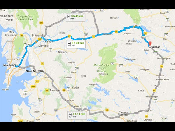 ಮು೦ಬಯಿಯಿ೦ದ ಜುನ್ನಾರ್ ಗೆ ಲಭ್ಯವಿರುವ ಮಾರ್ಗಗಳು