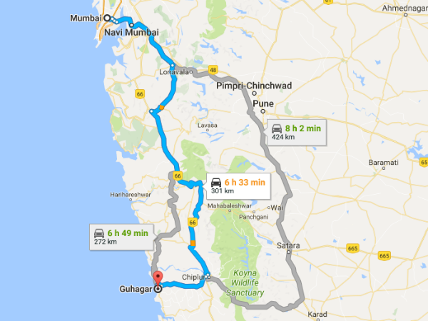 ಮು೦ಬಯಿಯಿ೦ದ ಗುಹಾಗರ್ ಗೆ ಸಾಗಲು ಲಭ್ಯವಿರುವ ಮಾರ್ಗಗ