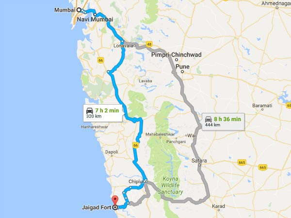 ಮು೦ಬಯಿಯಿ೦ದ ಜೈಗಢ್ ಕೋಟೆಗೆ ತೆರಳಲು ಲಭ್ಯವಿರುವ ವಿವಿಧ ಮಾರ್ಗಗಳು